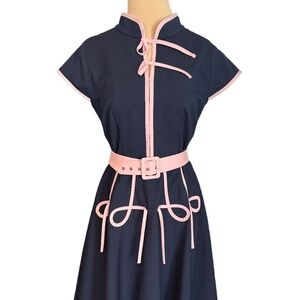 Navy and pink custom made retro 50s style dress, Modcloth style, Small